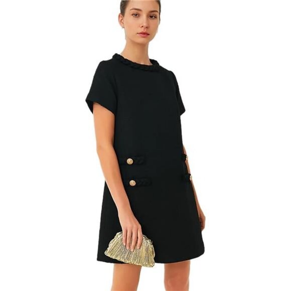 Women's Tweed Jackie Dress Crew Neck Short Sleeve Button Bodycon Mini - Picture 6 of 6